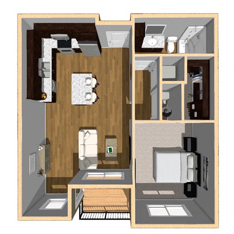 Floor plan for 1 bed, 1 bath, 743 sqft